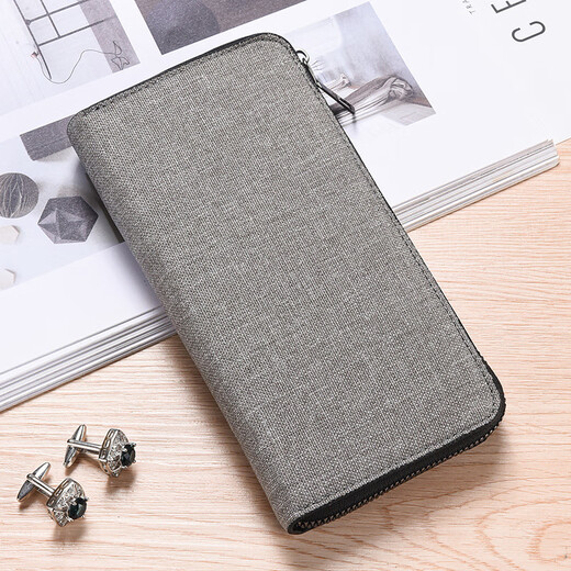 Wanjiazhen men's wallet long zipper canvas clutch multifunctional large capacity handbag simple student young people wallet solid color long canvas wallet [gray]
