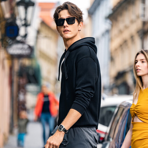 
Mr. Bu Bu webbing hooded sweatshirt for men 2025 spring and autumn letter pattern design loose top KT15738 graphite black M (170)