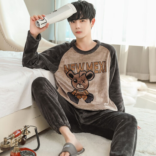 Pyjama masculin pour hommes en automne et flanelle d'hiver épais chauds d'âge moyen et jeunes étudiants dessin animé coues rond vêtements de maison d'hiver wyex3882 pour hommes en L (recommandé 90-115 Jin [Jin est égal à 0,5 kg])
