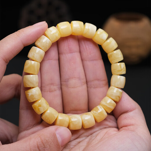 Yingyou natural amber beeswax bracelet for men, Russian chicken fat yellow straight cut barrel beads single circle bracelet for women 12.5mm certificate number 38 0 carat 12 yellow and white flowers