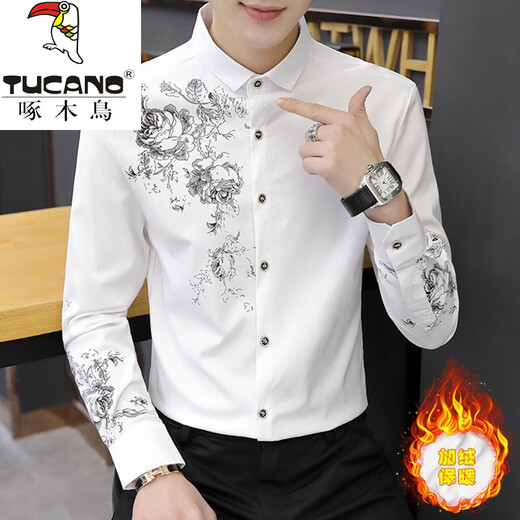 Woodpecker (TUCANO) winter white shirt men's long-sleeved slim suit men's shirt business casual high-end plus velvet thickened warm top 829 black plus velvet [plug plus velvet thickened] L reference 110-125 Jin [Jin equals 0.5 kg]