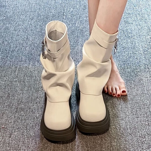 晴碧琳女鞋 女靴新款马丁靴法式百搭休闲短靴圆头厚底配裙子显瘦时装靴 法式百搭马丁靴女【米白色】 37