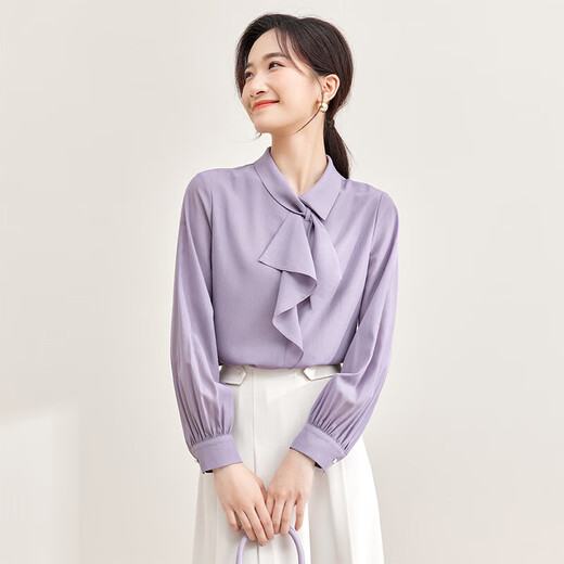 Shandubila elegant temperament, sophisticated and fashionable fluttering collared shirt women's long-sleeved chiffon shirt commuting all-match top purple M