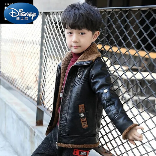 Disney (Disney) Boys Leather Clothing Autumn and Winter 2024 New Handsome Plush Jacket to Keep Cold and Warm Autumn and Winter 7 Jacket 8 Western Style Black Leather Jacket 130