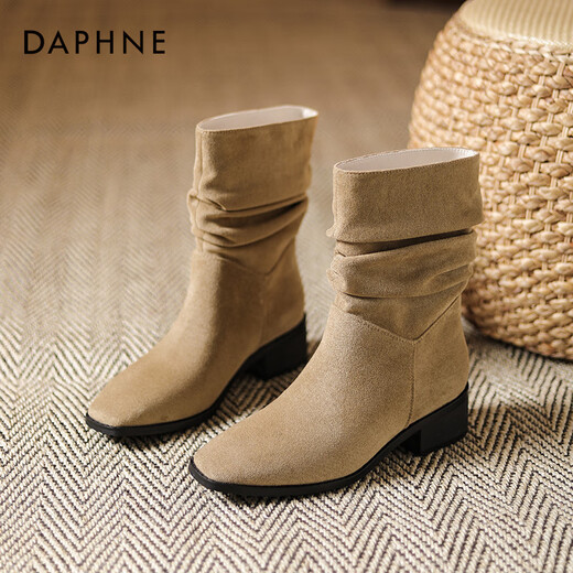 Daphne Western Cowboy Pile Boots Kurze Stiefel Damen 2025 Neu Herbst und Winter Retro Wildleder Spitze Martin Stiefel Damen Neu Khaki 38