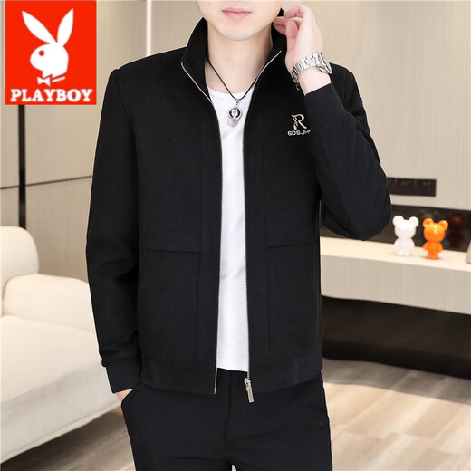 Playboy (PLAYBOY) men's new stand-up collar jacket zipper shirt top spring and autumn casual fashion Korean style youth handsome handsome boy jacket 2687 black L