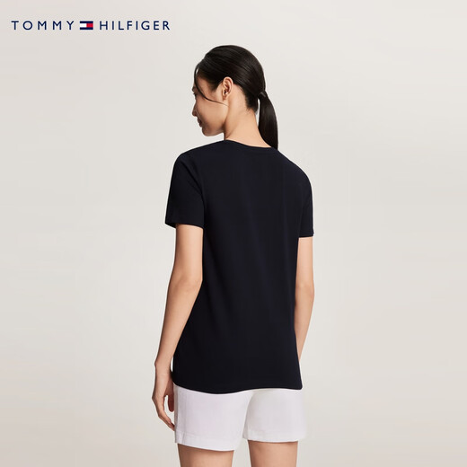 TOMMY HILFIGER夏季女装纯棉休闲通勤刺绣轻薄打底纯色圆领短袖T恤76J4880 藏青色FAP XL （推荐：130-150斤）
