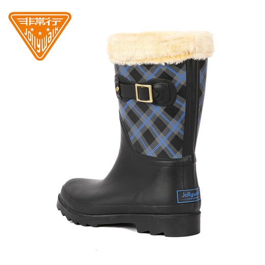 Very good (Jolly Walk) Winter waterproof and cold-resistant rain boots for women's non-slip water boots, fashionable outer wear velvet warm water shoes, new style plus velvet rain boots, blue plaid plus velvet warm JW322 37
