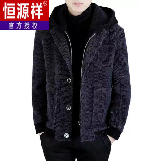 恒源祥冬季短款连帽呢子夹克大衣男士韩版时尚休闲百搭加绒保暖毛呢外套 9857#黑灰色 M 90-110