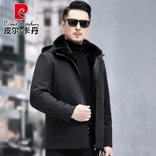 Pierre Cardin parka men's short mink lining mink coat winter new genuine leather coat thickened fur one-piece coat black mink lining L 48