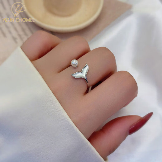 YIZUN. CHOMEL 999 pure silver mermaid tail ring for women ins sweet pearl index finger ring niche design shell ring gift 999 pure silver-fish tail ring-gold