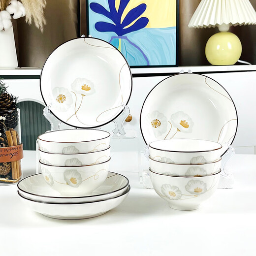 Sujiang tableware set household bowls and plates underglaze color plates and bowls internet celebrity plates microwave suitable tableware set Suijinghao (6 bowls and 4 plates) 10-piece set