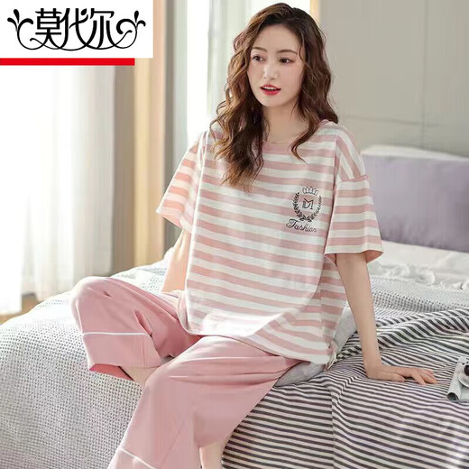 
Modal pure cotton pajamas for women in summer short-sleeved cropped pants set loose spring and summer can wear home clothes outside. Short-sleeved cropped pants 681 L Recommended 98-115Jin [Jin equals 0.5 kg]