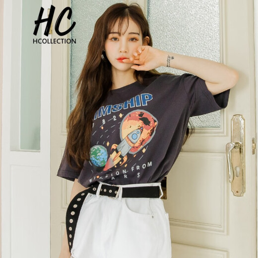 HCollection2020 new women's autumn clothing European and American students loose printed fashion short-sleeved pure cotton cool T-shirt women OHU92079 妦carbon gray L