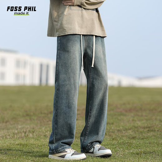 Foss Phil牛仔裤男士夏季直筒阔腿薄款美式潮流休闲裤子男裤Y06怀旧蓝M