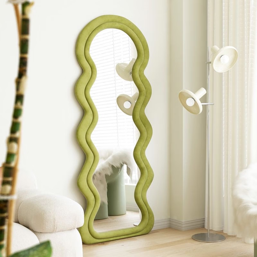 Creamy style full-body mirror household floor-standing mirror Internet celebrity wavy dressing mirror special-shaped bedroom wall-mounted light luxury fitting mirror beige (stand style) 160*60cm