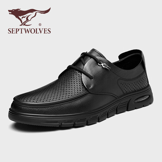 Shoes de cuero casual de siete lobo zapatos para hombres Summer NUEVO estilo Avalte Bollow Bollow Sode Mesh Mesh Caza sin deslizamiento Ligeros Ligeros zapatos casuales Men's Black [Tamaño de zapato de cuero estándar] 41