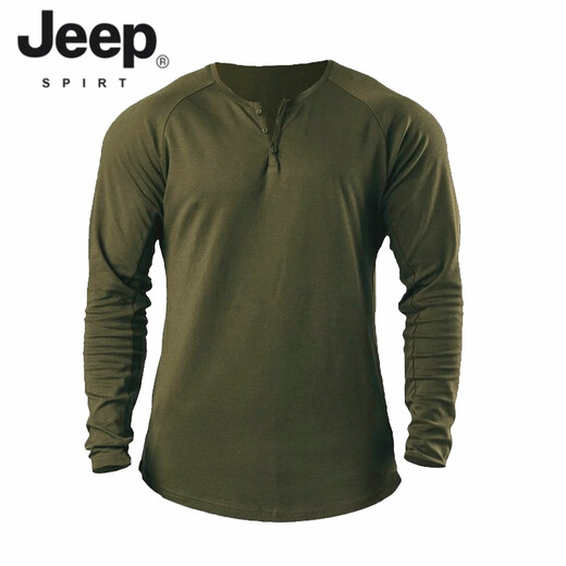 JEEP SPIRIT Retro Heavy Henley Long Sleeve T-Shirt Solid Color Sports Fitness Bottoming Shirt Men's Pure Cotton Stretch Thin V-Neck Cardigan Black L
