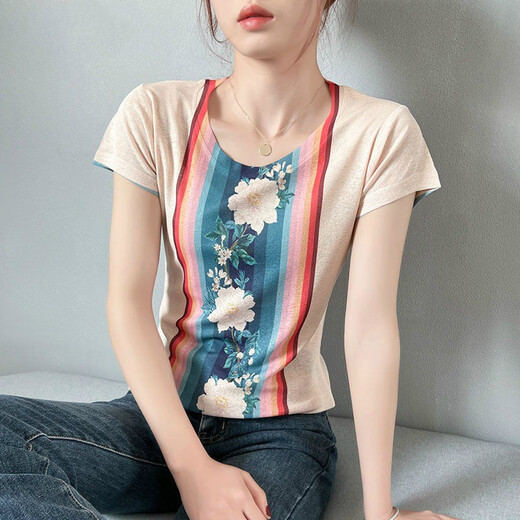 [Sonderpreis-Abholung] High-End Light Luxury Marke 2022 Sommer-Kurzärmel-T-Shirt für Frauen für das Retro-gedruckte modische Hemd für Frauen, schlank und schlank halbärmelig für Frauen Blue Butterfly (7027) XL (Empfohlen 121-130jin [Jin gleich 0,5 kg]))