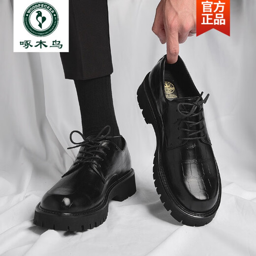 啄木鸟皮鞋男款德比男士休闲商务工装时尚潮流布洛克厚底低帮大头马丁靴 黑色6626 四季款 41 标准皮鞋码
