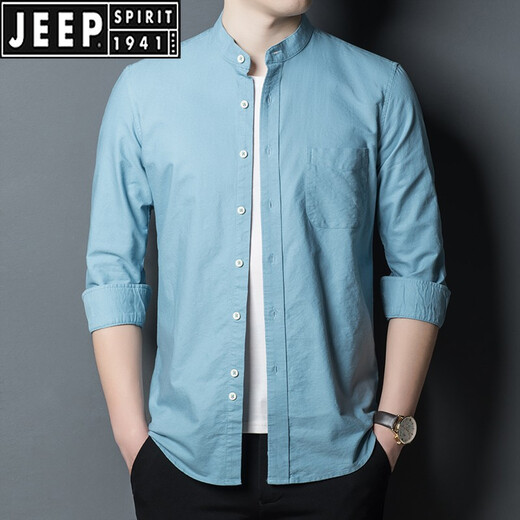 Jeep spirit stand-up collier denim shirt masculin à manches longues à manche à manches longues mince cou rond coule et automne haut de gamme de glace bleue chemise décontractée 11162 blanc 165