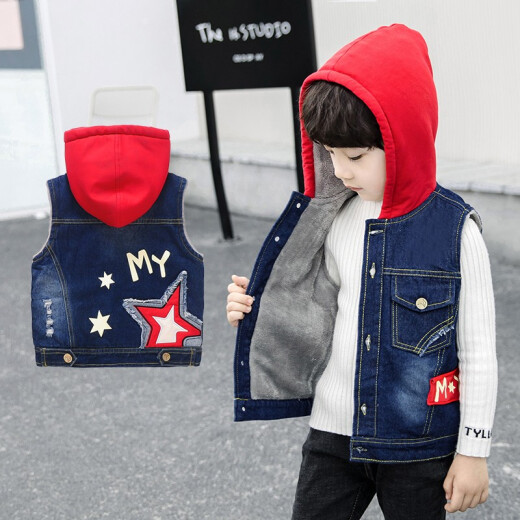 Children's Clothing Boys' Vests 2021 Spring and Autumn New Children's Denim Vests for Autumn Big Children Children's Vest Coats Girls Vests Korean Style Tops Five-Pointed Star Plus Velvet 140 Suitable for Height 130CM