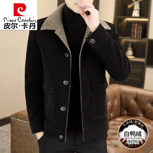 Pierre Cardin winter 2024 new high-end trendy brand handsome short woolen jacket men's winter thickened warm jacket men's black XL