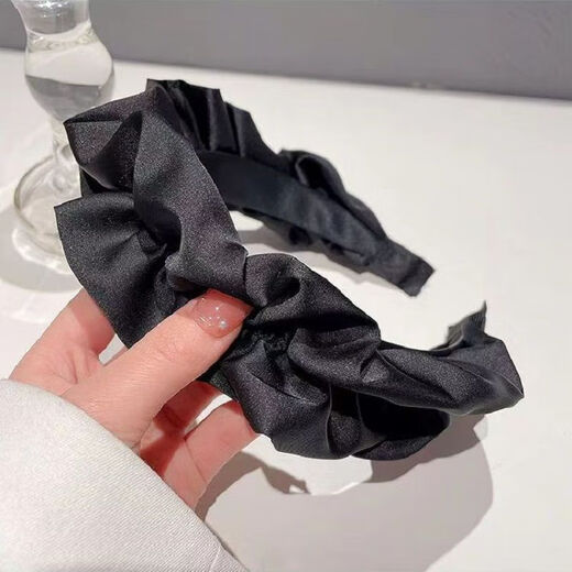 Mengkuan Wooden Ear-Edge Headband for Women, Super Fairy, High-Quality French Pleated Lace Headband, Versatile and Elevating Skull Headgear, Black 1 Piece