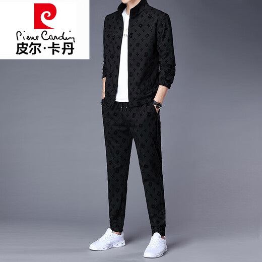 皮尔卡丹（pierre cardin）高档品牌运动套装男士夹克外套搭配秋季新款潮流帅气休闲黑色一套 6629黑色套装 L 【111-125斤】