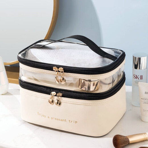 Baby Beile Makeup Bag Women's Large Capacity Washing Bag High-Precision Portable Travel Double-Layer Transparent Waterproof Washing Storage Bag Handheld Beige-Cosmetic Bag