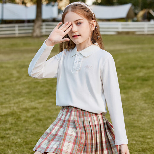 ASK JUNIOR Girls T-shirt 2026 Spring Solid Color Sports Leisure Versatile Children's Running Polo Shirt White 130