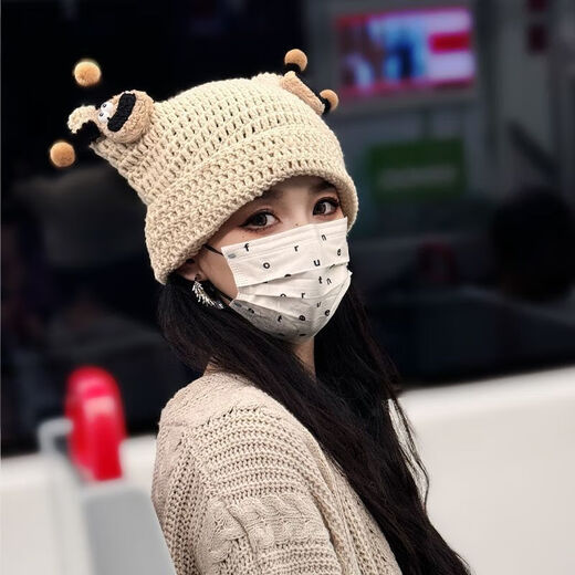 雉乔韩版2024年新款可爱公仔毛线帽女保暖针织帽子大头围显脸小猫耳帽 MZZ693-1 均码（帽围56-58cm）