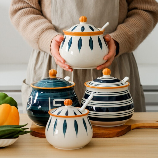 Dingdan Ceramic Lard Jar High Temperature Resistant Chili Jar Household Seasoning Box Seasoning Jar Set Salt Jar Oil Spicy Jar Small Seasoning Jar - Wood Grain