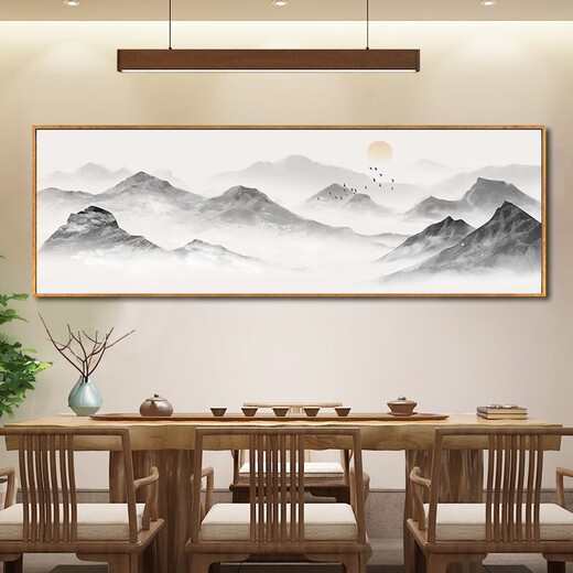 Zilang living room decorative painting sofa background wall ink Zen landscape painting wall hanging tea room office calligraphy and painting mural 04-backed 60*180 bright gold aluminum frame + plexiglass SF Express