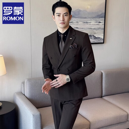 ROMON Light luxury haute couture groom wedding suit male British slim dress business formal striped suit dark coffee color # (suit + trousers) L