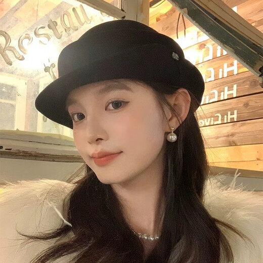 Wool hat women's autumn and winter French Hepburn style black basin hat temperament high-end hat trendy curly stewardess hat black one size adjustable small