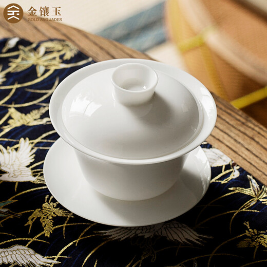 Gold-inlaid jade cover bowl, Kung Fu tea set, Sancai cover bowl, mutton fat jade de-making white porcelain tea cup bowl, early summer 120ml