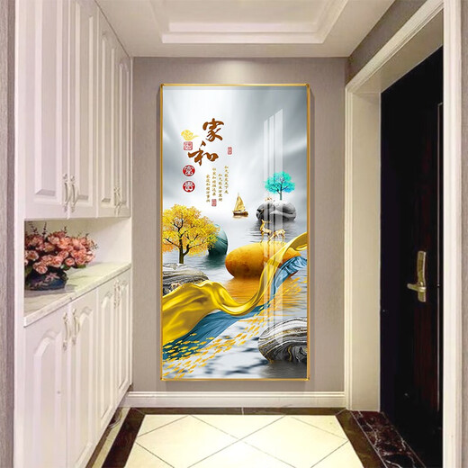 牧邻玄关装饰画新中式轻奢现代简约背景墙壁挂画免打孔走廊过道镶钻画 12243福鹿呈祥 晶瓷70*140黑框 墙宽101-120