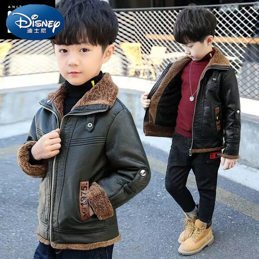 Disney (Disney) Boys Leather Clothing Autumn and Winter 2024 New Handsome Plush Jacket to Keep Cold and Warm Autumn and Winter 7 Jacket 8 Western Style Black Leather Jacket 130