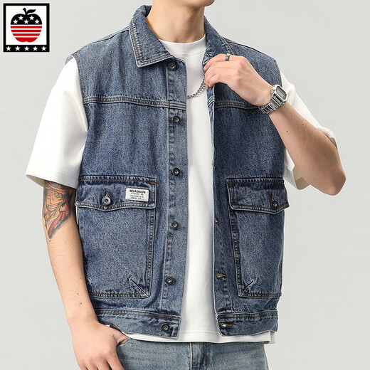 Aemape Apple Denim Vest Herrenjacke European und American Trendy Frühling großer Taschenhülsen und Mode Marke Vest Horse Clip 9215# Blue 4xl (Empfohlen 210 230jin [Jin gleich 0,5 kg])