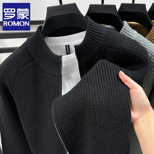 ROMON double zipper stand-up collar cardigan for men thickened wool sweater for autumn and winter solid color slim mid-collar knitted jacket medium gray L /110