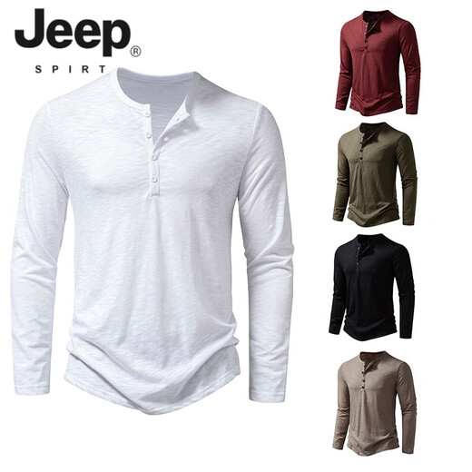 JEEP SPIRIT American retro heavyweight long-sleeved bottoming shirt autumn long-sleeved Henry shirt men's fitness tough guy army green T-shirt long sleeve khaki M