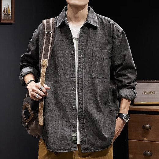 Lomon denim shirt men's autumn outdoor heavy work jacket spring and autumn American blue wear-resistant solid color top men Z757 blue 2XL