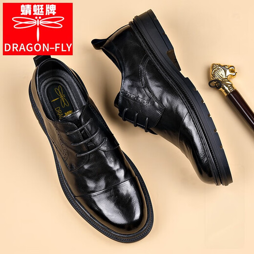 Dragonfly brand business leather shoes men's big-toe shoes casual genuine leather formal shoes lace-up derby men's shoes cowhide thick sole work wedding shoes black 40