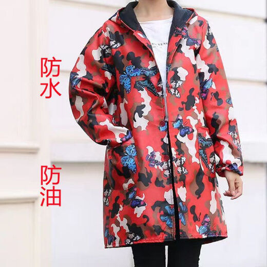 Guiren Xiong velvet thickened smock, warm coat, men's and women's work clothes, waterproof and oil-proof camouflage long coat, kitchen long-sleeved labor insurance suit, blue floral (with hood), large size (160-200)
