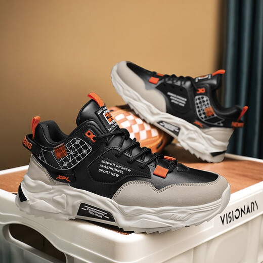 Mountain Flower Creek [optional with velvet] Men's shoes, autumn and winter new cotton shoes, sports and casual running thick soles, versatile dad's trendy shoes, black orange [upgraded version]-2601 39