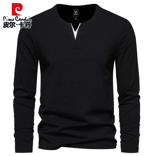 Pierre Cardin Henry heavyweight men's long-sleeved T-shirt with spring and autumn slim casual v-neck solid color bottoming shirt clothes top black XL