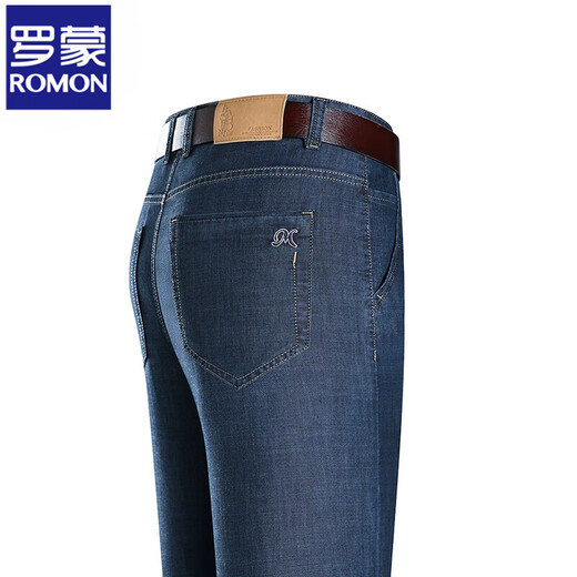 Romon-Jeans-Herren-Trend Frühling und Sommer Neue losen Hosen hoher elastischer, schlanker, tiefen Schritt mittleren Alters Blau [Dragon 8099b] Regulärer regulärer 33 [140-150jin [Jin entspricht 0,5 kg]]