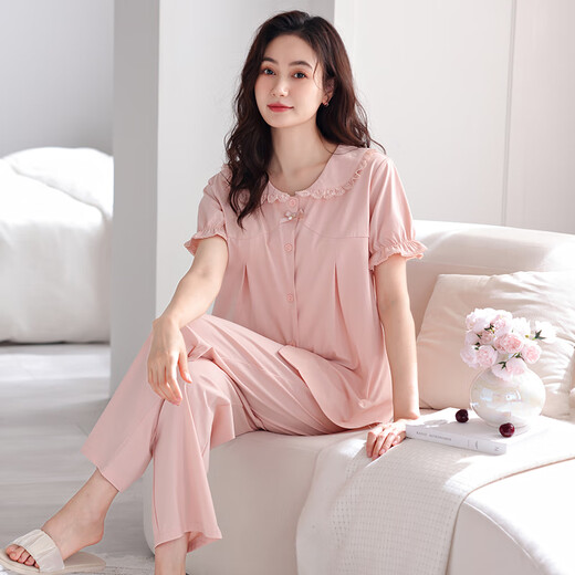 clolv kiss pajamas with chest pad for women for summer pure cotton thin cardigan short-sleeved trousers soft and comfortable suit home clothes can be worn outside 692 soft powder (with chest pad) 2XL [170-175cm/140-165Jin[Jin equals 0.5 kg]]