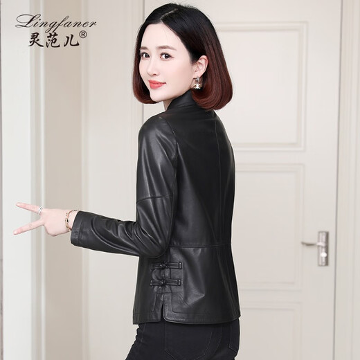 Lingfaner Haining genuine leather jacket for women autumn new casual small sheepskin jacket short style autumn leaf yellow M